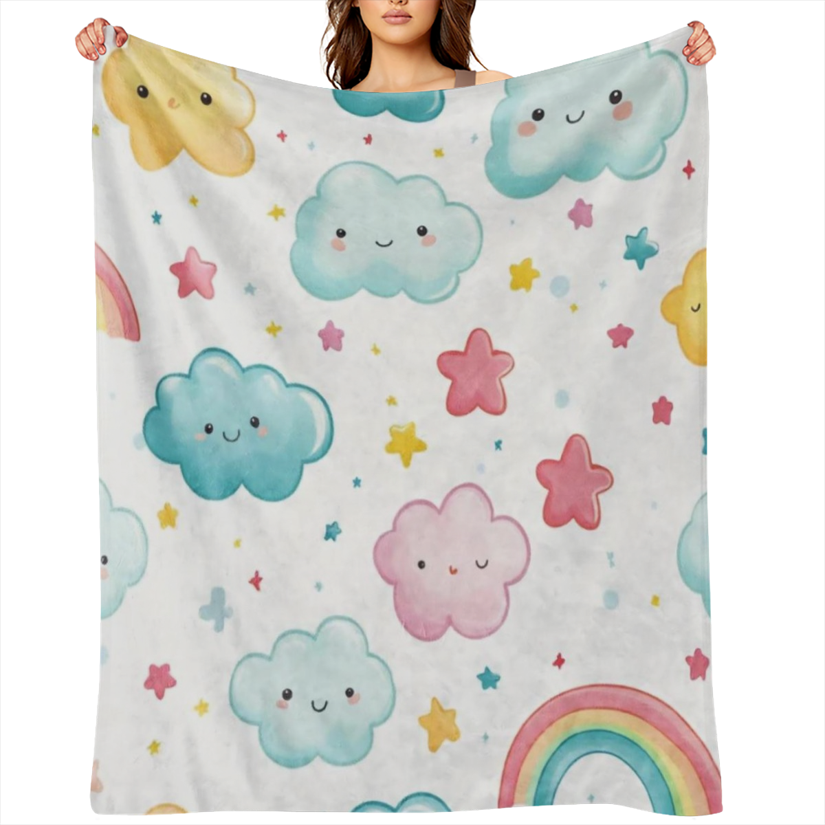 1pc Vintage Style Cloud Rainbow Stars Print Flannel Throw Blanket - Soft, Cozy, All- Season Knitted Polyester Fleece Blanket for Sofa, Bed, Office, Car, Camping, Travel - Digital Print, 250- 300gsm