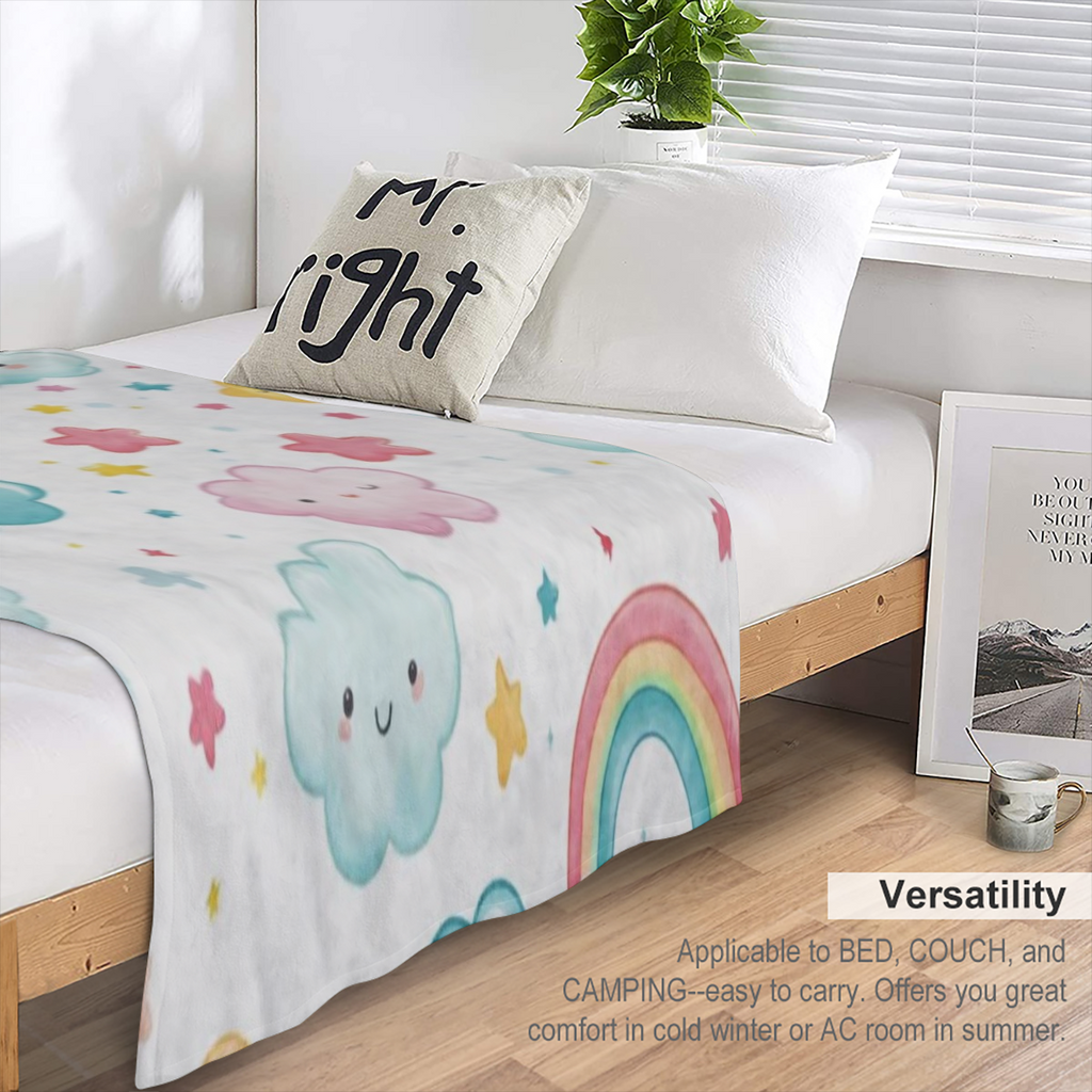 1pc Vintage Style Cloud Rainbow Stars Print Flannel Throw Blanket - Soft, Cozy, All- Season Knitted Polyester Fleece Blanket for Sofa, Bed, Office, Car, Camping, Travel - Digital Print, 250- 300gsm