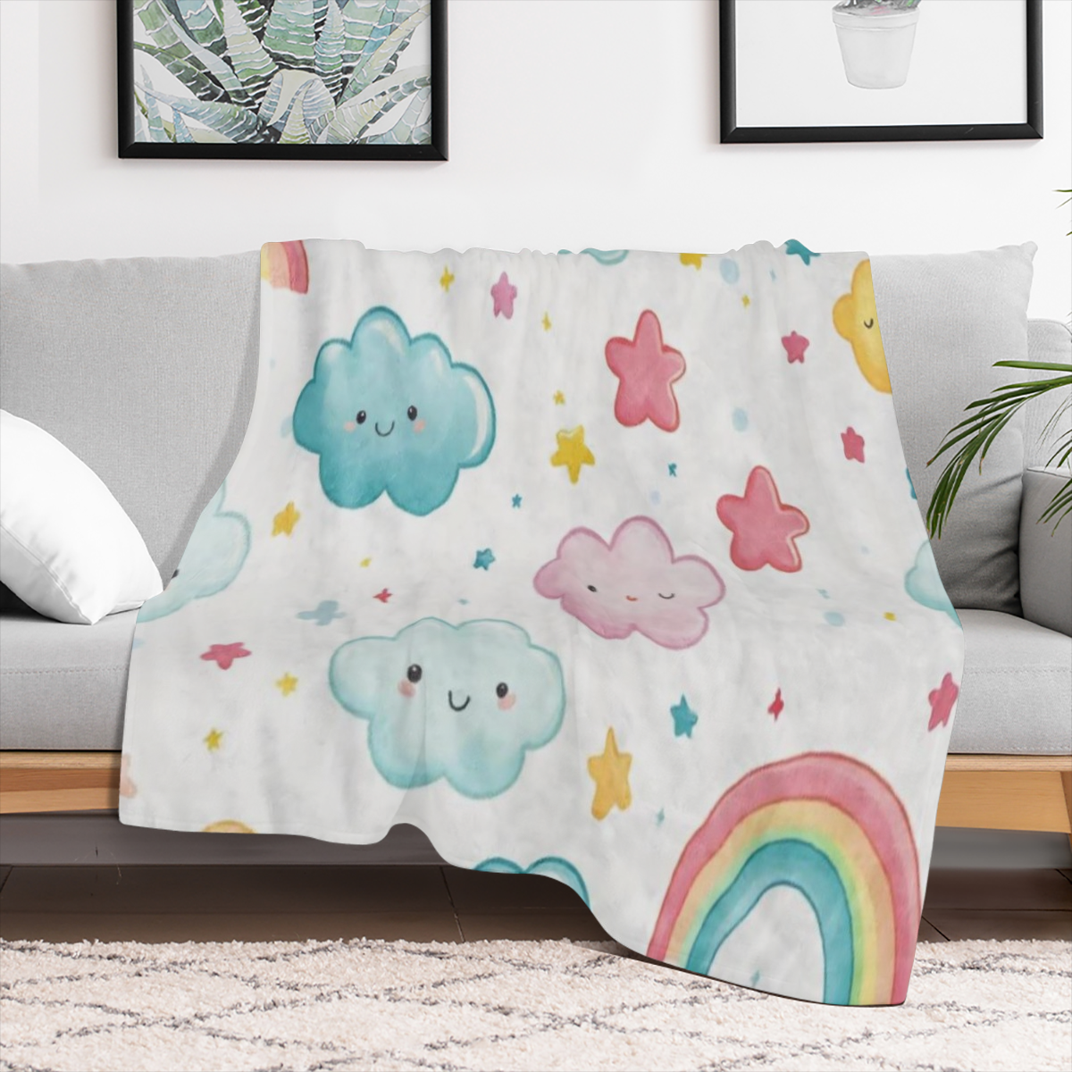 1pc Vintage Style Cloud Rainbow Stars Print Flannel Throw Blanket - Soft, Cozy, All- Season Knitted Polyester Fleece Blanket for Sofa, Bed, Office, Car, Camping, Travel - Digital Print, 250- 300gsm