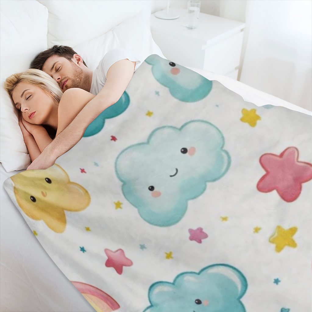 1pc Vintage Style Cloud Rainbow Stars Print Flannel Throw Blanket - Soft, Cozy, All- Season Knitted Polyester Fleece Blanket for Sofa, Bed, Office, Car, Camping, Travel - Digital Print, 250- 300gsm