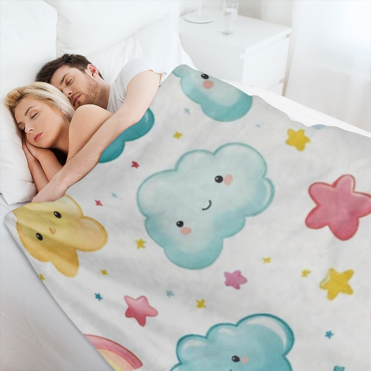 1pc Vintage Style Cloud Rainbow Stars Print Flannel Throw Blanket - Soft, Cozy, All- Season Knitted Polyester Fleece Blanket for Sofa, Bed, Office, Car, Camping, Travel - Digital Print, 250- 300gsm
