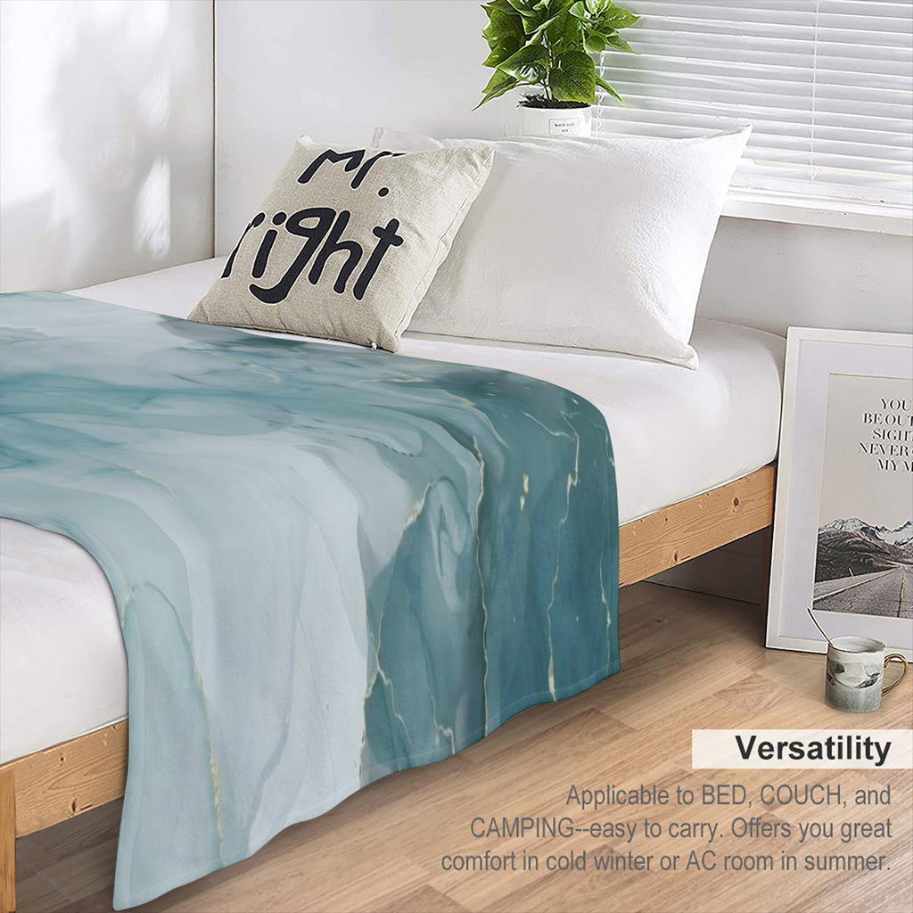 Turquoise Mint With Liquid Marble Golden Throw Blanket 280GSM Flannel Blankets for Couch Bed Sofa Dorm, Warmth Soft Cozy Blanket Gifts for Her Him All Season