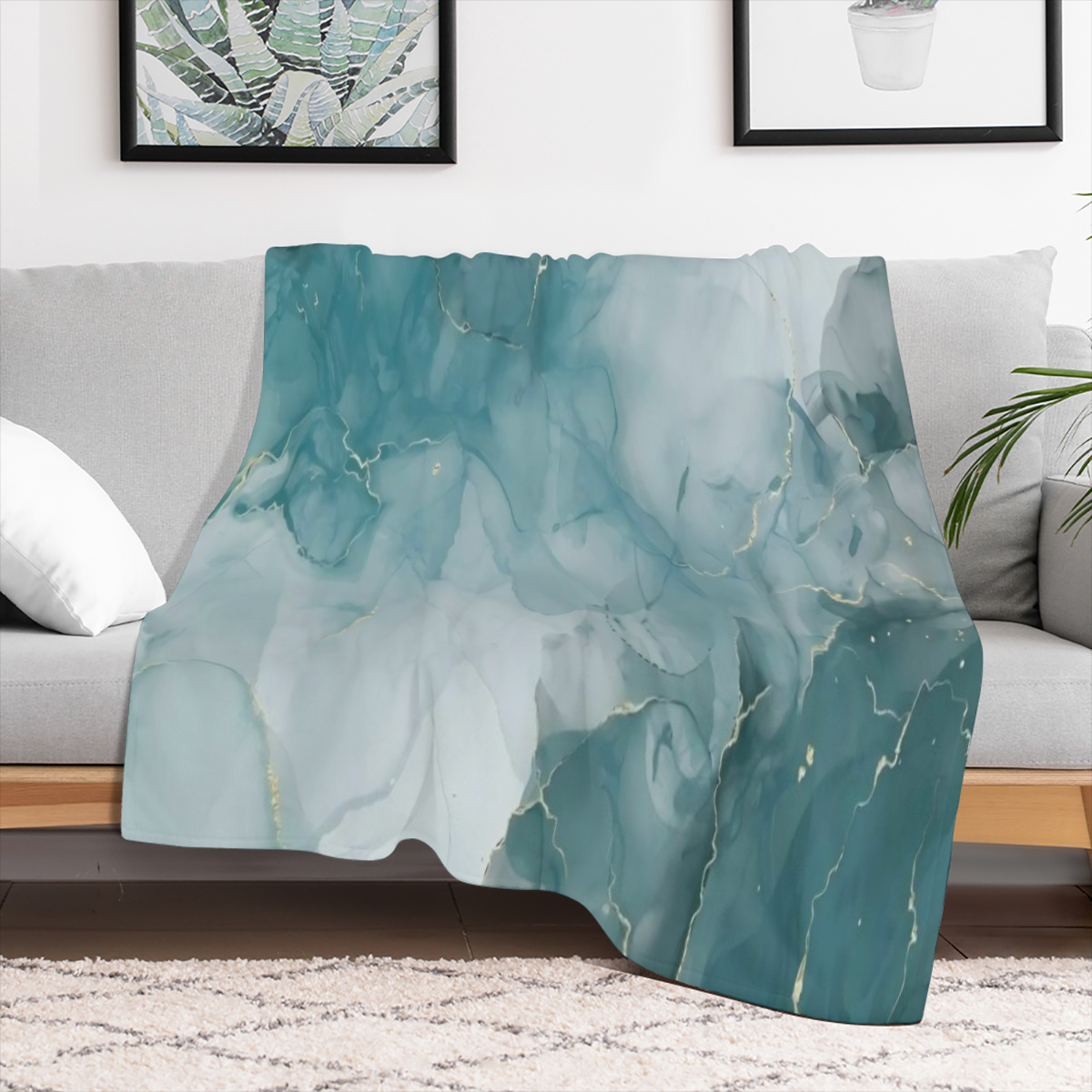 Turquoise Mint With Liquid Marble Golden Throw Blanket 280GSM Flannel Blankets for Couch Bed Sofa Dorm, Warmth Soft Cozy Blanket Gifts for Her Him All Season