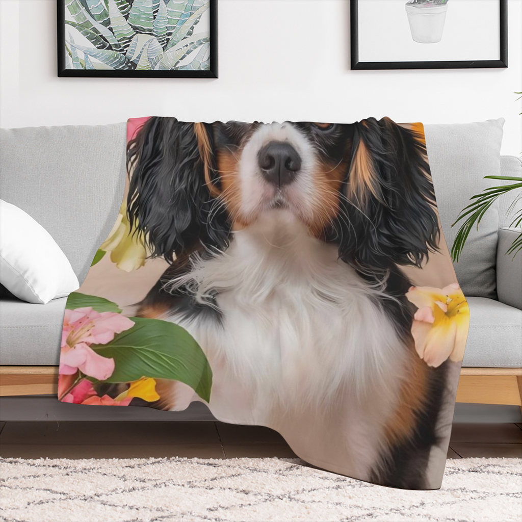 1pc Cavalier King Charles Spaniel Dog Blanket Floral Print Design Suitable for Bedroom Decor Living Room Decor Sofa Decor Bed Decor Wall Decor and Pet Bed Decor.