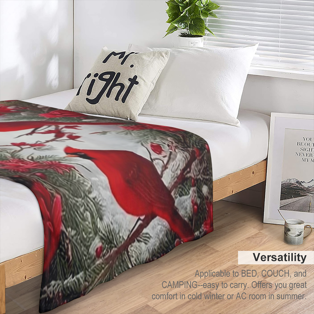 1pc Plush Red Bird Printed Soft Blanket Shawl - Ultra Cozy Skin- Friendly Throw for Sofa, Nap, and Casual Use - Multi- Purpose, Lightweight, and Easy to Care