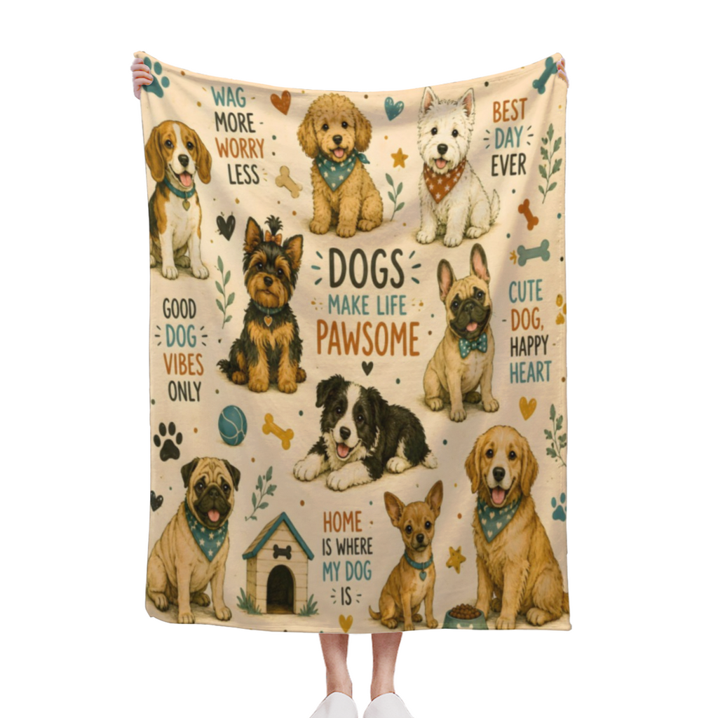 Dogs Make Life Pawsome Cute Dog Throw Blanket, Cozy Farmhouse Puppy Lover Aesthetic