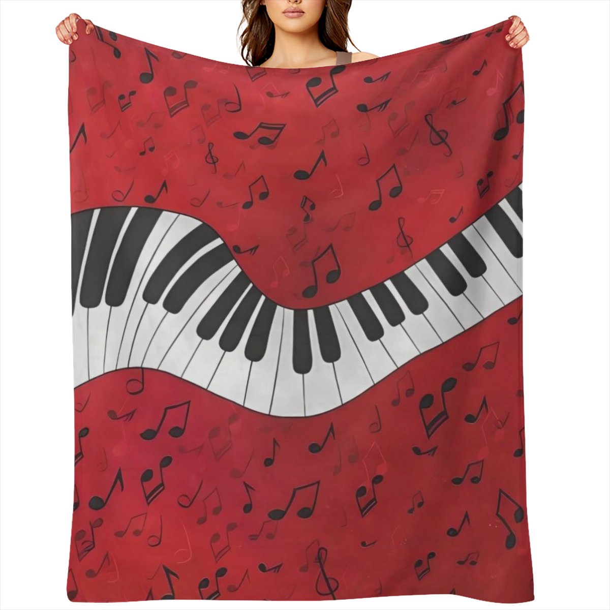 1pc Contemporary Music Note and Piano Keyboard Geometric Pattern Flannel Fleece Throw Blanket - Hypoallergenic, All- Season, Multipurpose Knit Fabric Bedding for Sofa, Bed, Chair, Travel, Camping