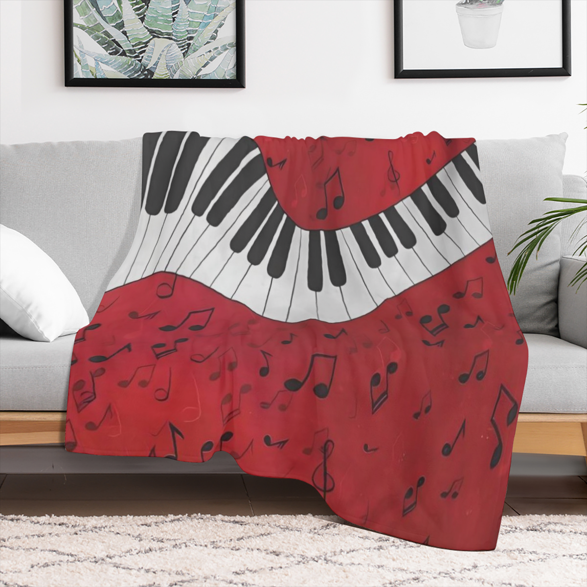1pc Contemporary Music Note and Piano Keyboard Geometric Pattern Flannel Fleece Throw Blanket - Hypoallergenic, All- Season, Multipurpose Knit Fabric Bedding for Sofa, Bed, Chair, Travel, Camping