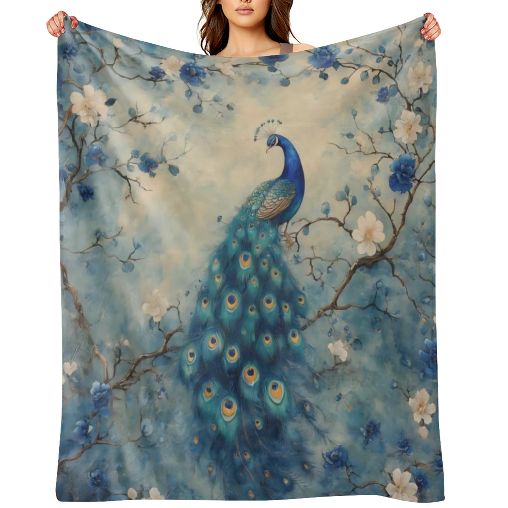 A vintage floral peacock print fleece blanket - soft, warm, all season knitted polyester blanket for sofas, beds, offices, camping, travel - digital print, 250- 300gsm.