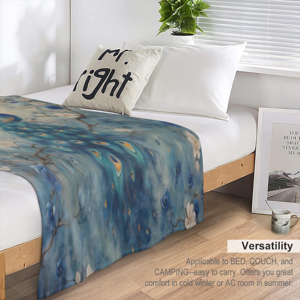 A vintage floral peacock print fleece blanket - soft, warm, all season knitted polyester blanket for sofas, beds, offices, camping, travel - digital print, 250- 300gsm.