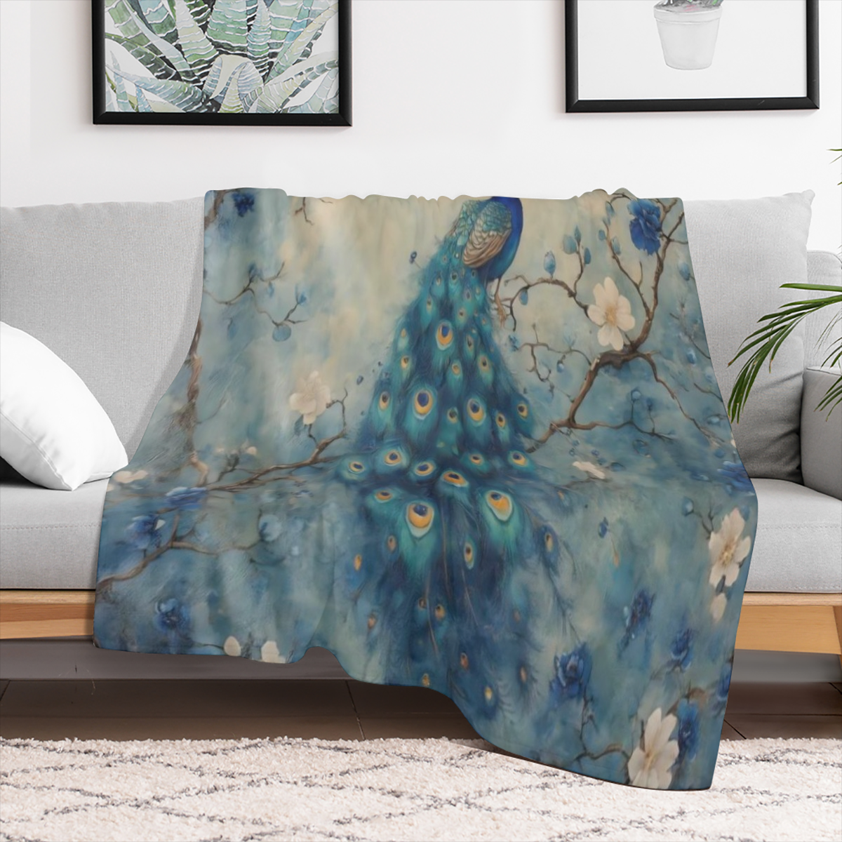 A vintage floral peacock print fleece blanket - soft, warm, all season knitted polyester blanket for sofas, beds, offices, camping, travel - digital print, 250- 300gsm.