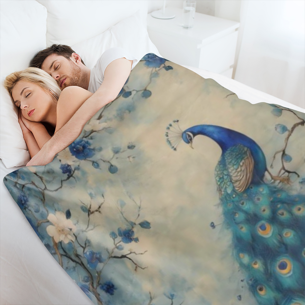 A vintage floral peacock print fleece blanket - soft, warm, all season knitted polyester blanket for sofas, beds, offices, camping, travel - digital print, 250- 300gsm.