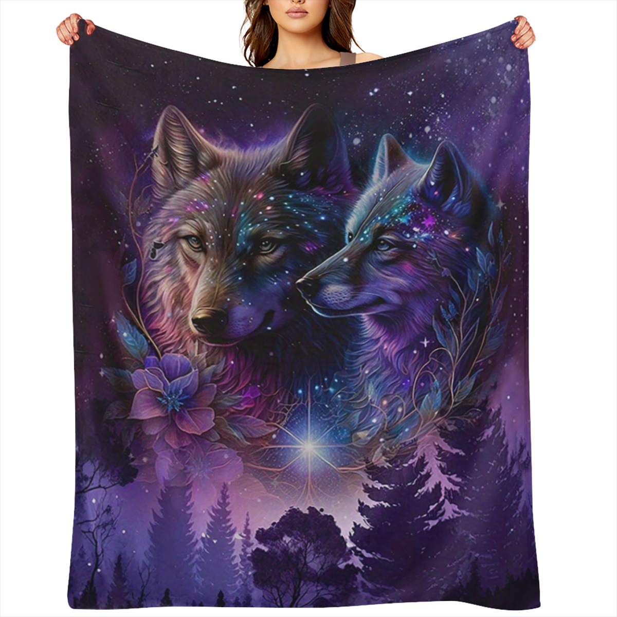 1pc Fashion Blanket, Wolf Starry Sky Print Flannel Blanket, Soft Warm Throw Blanket Nap Blanket For Couch Sofa Office Bed Camping Travel, Multi- purpose Gift Blanket For All Season