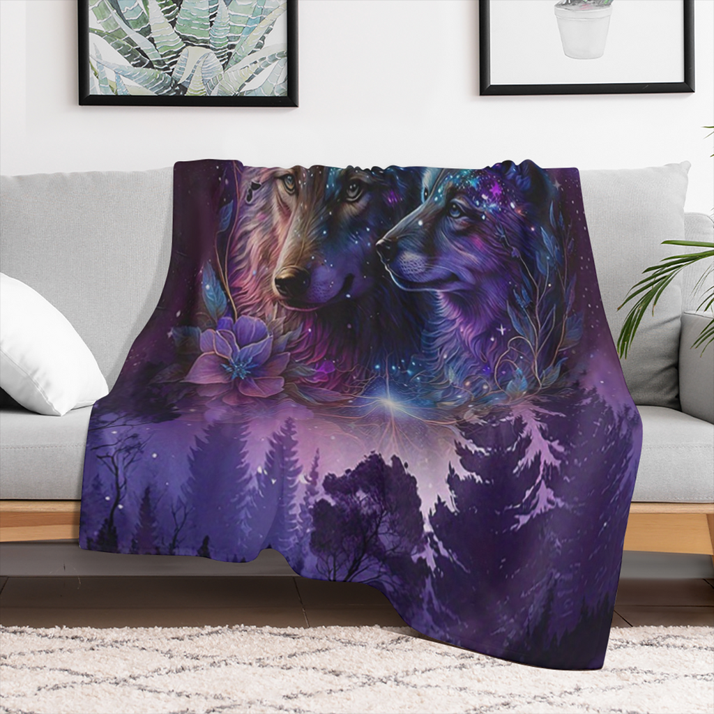 1pc Fashion Blanket, Wolf Starry Sky Print Flannel Blanket, Soft Warm Throw Blanket Nap Blanket For Couch Sofa Office Bed Camping Travel, Multi- purpose Gift Blanket For All Season