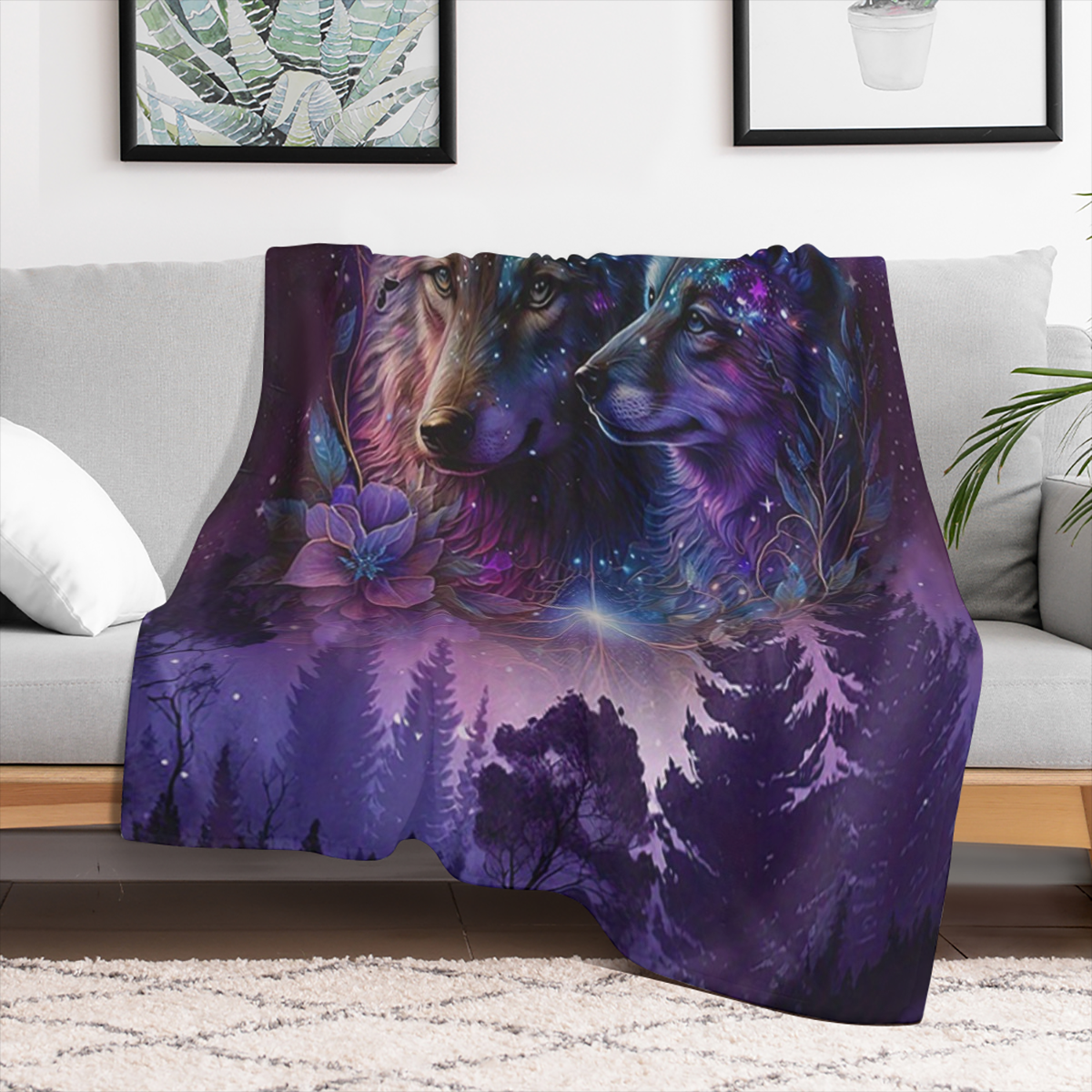 1pc Fashion Blanket, Wolf Starry Sky Print Flannel Blanket, Soft Warm Throw Blanket Nap Blanket For Couch Sofa Office Bed Camping Travel, Multi- purpose Gift Blanket For All Season