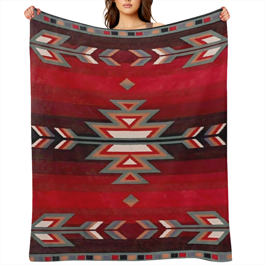 Bohemian-Inspired Red Geometric Pattern Flannel Throw Blanket - Soft Reversible Durable for All Seasons Perfect for Couch Bed Travel and Camping - Versatile Gift Idea
