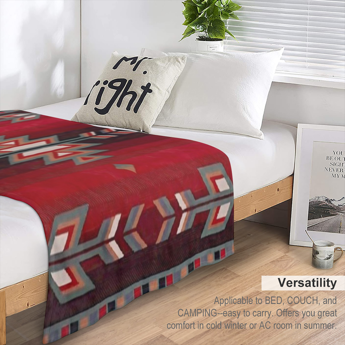 Bohemian-Inspired Red Geometric Pattern Flannel Throw Blanket - Soft Reversible Durable for All Seasons Perfect for Couch Bed Travel and Camping - Versatile Gift Idea