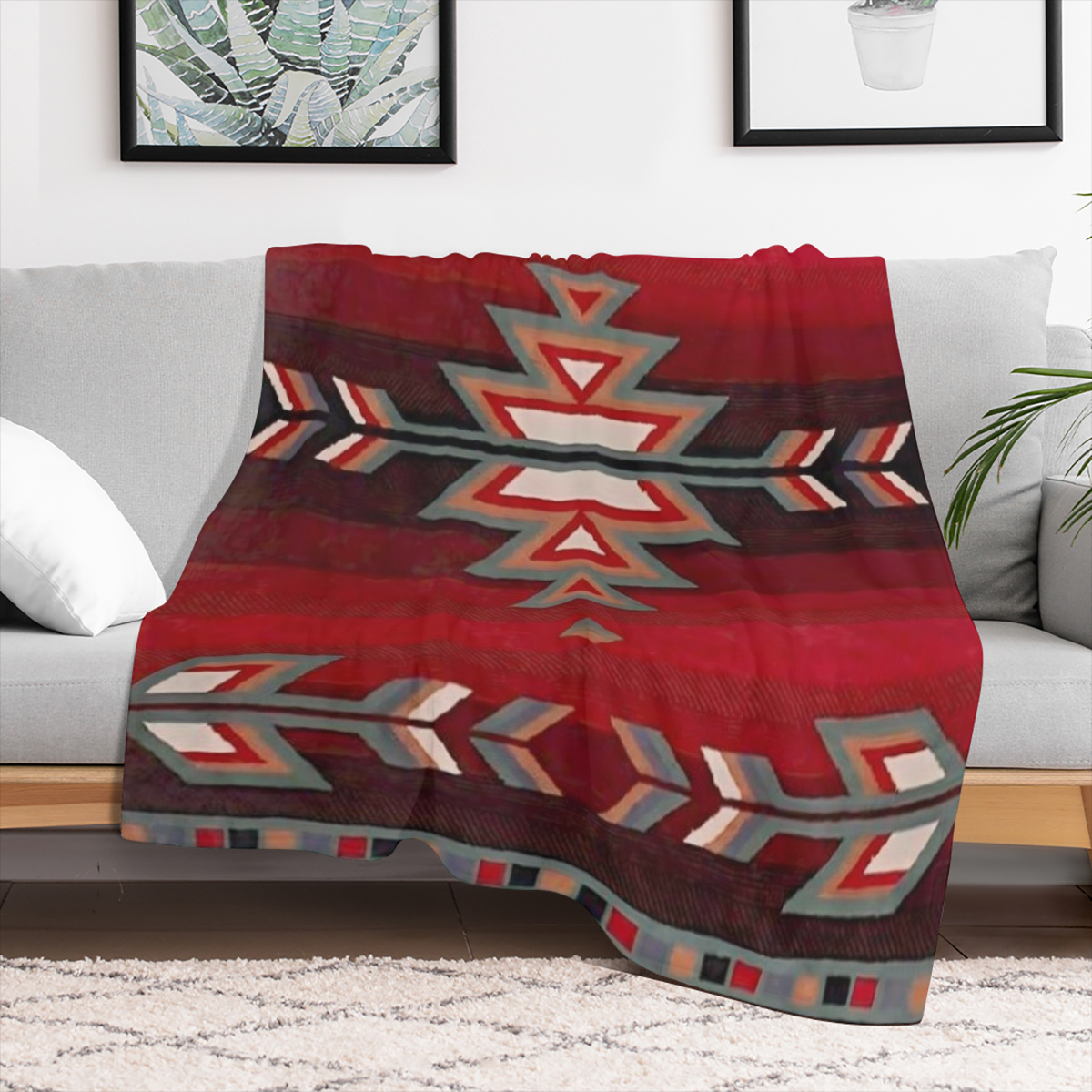 Bohemian-Inspired Red Geometric Pattern Flannel Throw Blanket - Soft Reversible Durable for All Seasons Perfect for Couch Bed Travel and Camping - Versatile Gift Idea
