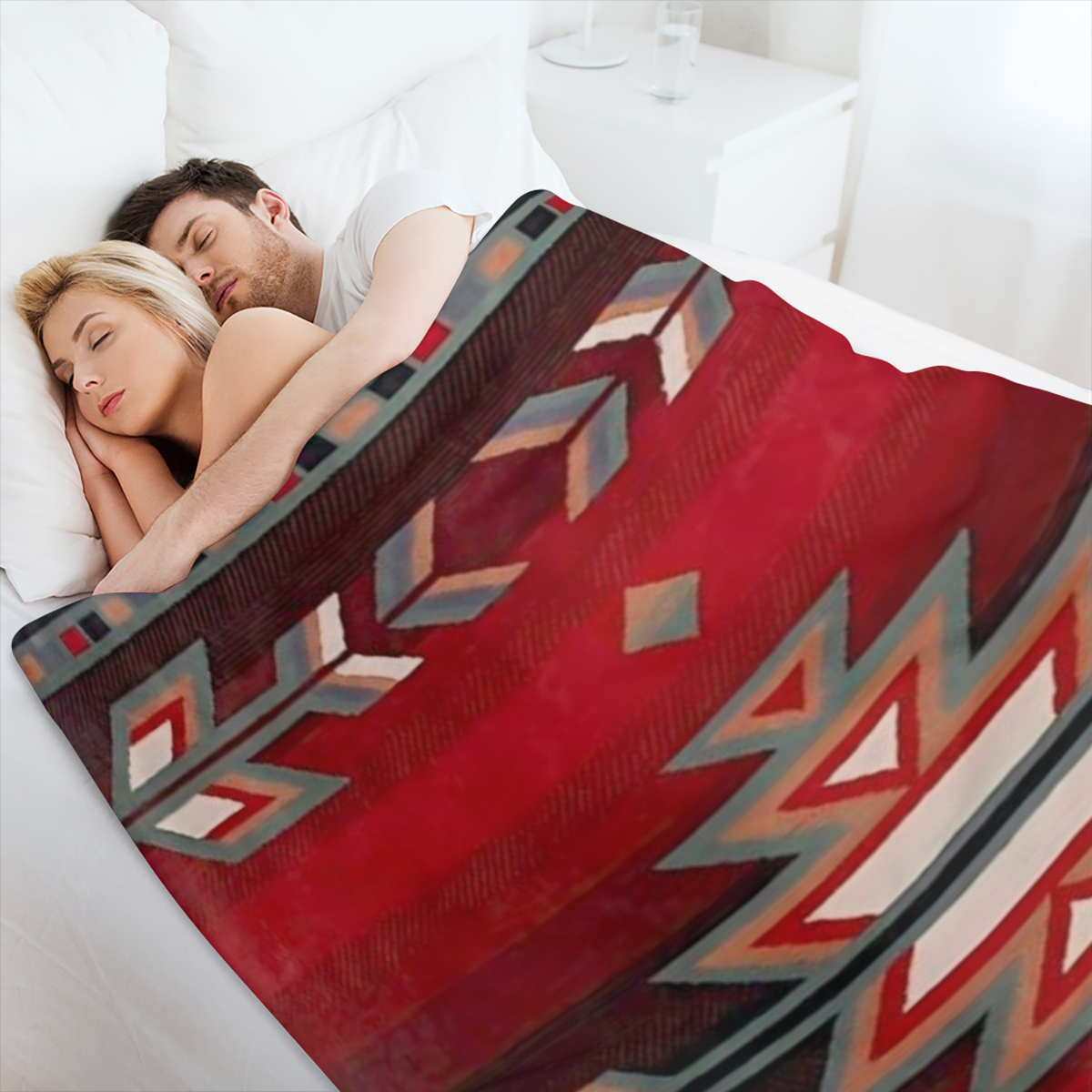 Bohemian-Inspired Red Geometric Pattern Flannel Throw Blanket - Soft Reversible Durable for All Seasons Perfect for Couch Bed Travel and Camping - Versatile Gift Idea