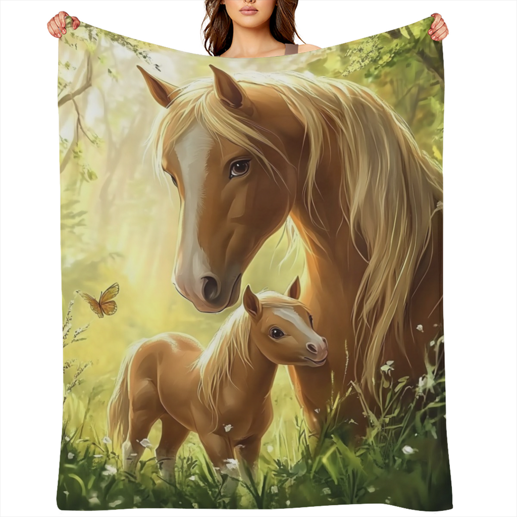 1pc Cozy Flannel Blanket with Heartwarming Horse and Foal Design - Soft, Multifunctional Throw for Outdoor Adventures, Home Decor, Valentine' s Day, Christmas, Thanksgiving, New Year' s Eve & More, Be