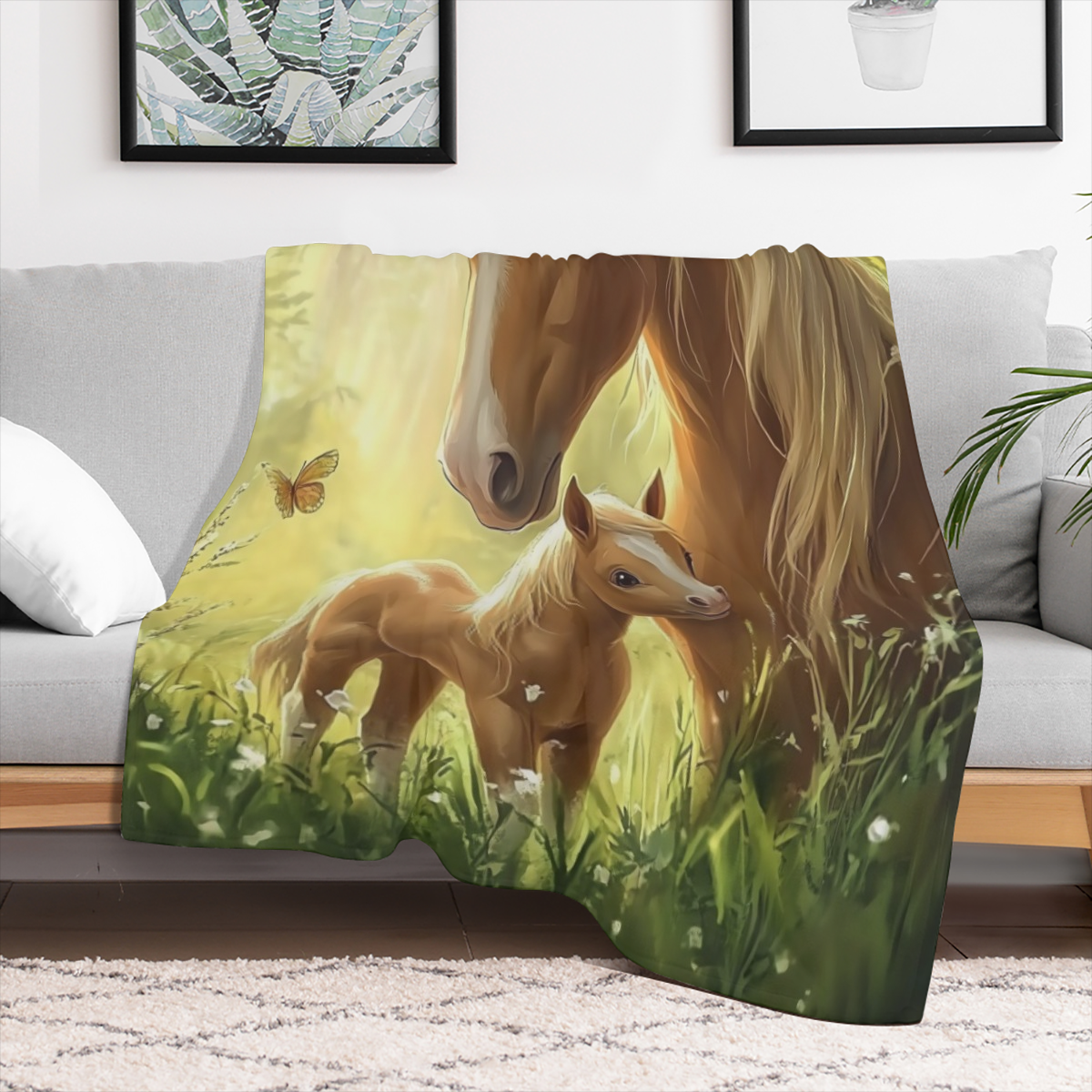 1pc Cozy Flannel Blanket with Heartwarming Horse and Foal Design - Soft, Multifunctional Throw for Outdoor Adventures, Home Decor, Valentine' s Day, Christmas, Thanksgiving, New Year' s Eve & More, Be