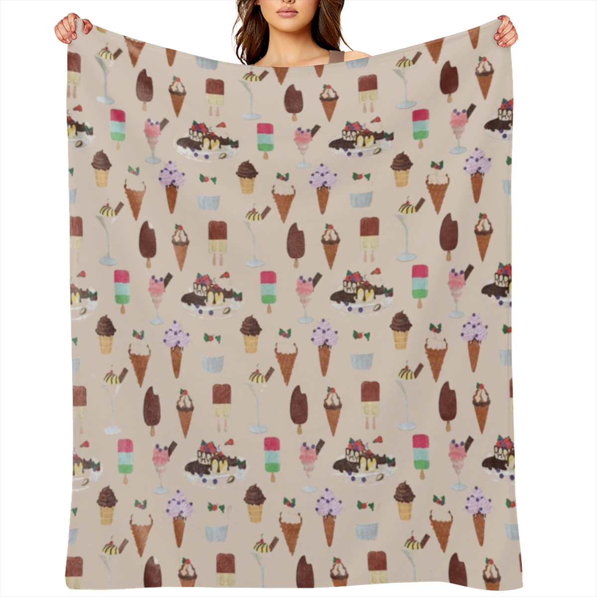 Chocolate Throw Blanket, Arrangement of Various Ice Cream, Flannel Fleece Accent Piece Soft Couch Cover for Adults, Champagne Multicolor
