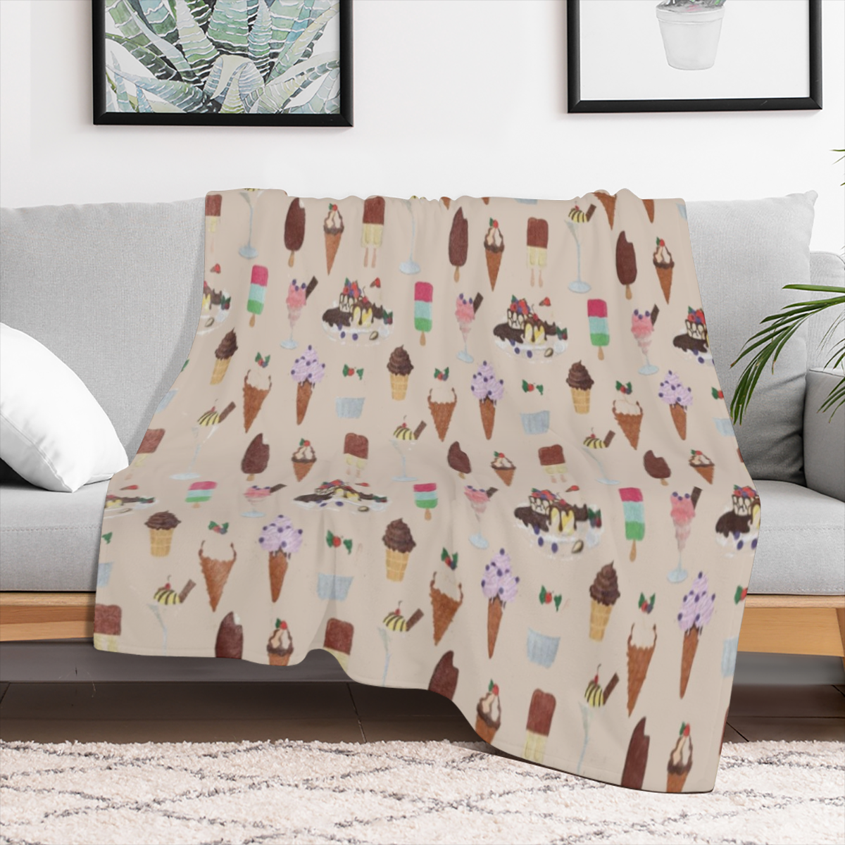 Chocolate Throw Blanket, Arrangement of Various Ice Cream, Flannel Fleece Accent Piece Soft Couch Cover for Adults, Champagne Multicolor