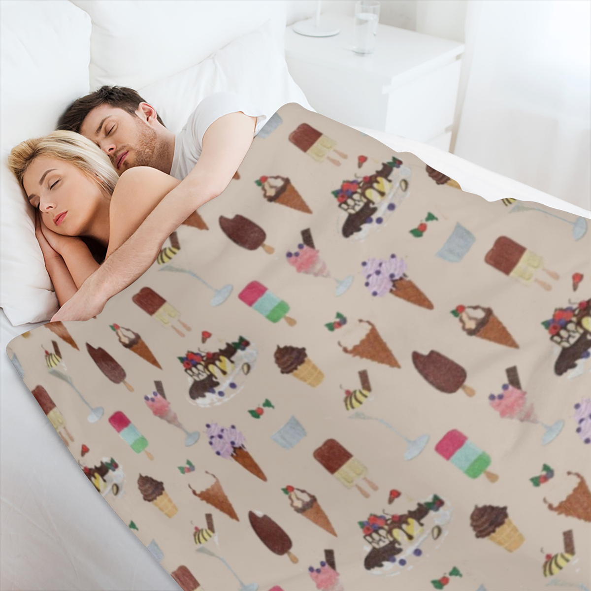 Chocolate Throw Blanket, Arrangement of Various Ice Cream, Flannel Fleece Accent Piece Soft Couch Cover for Adults, Champagne Multicolor