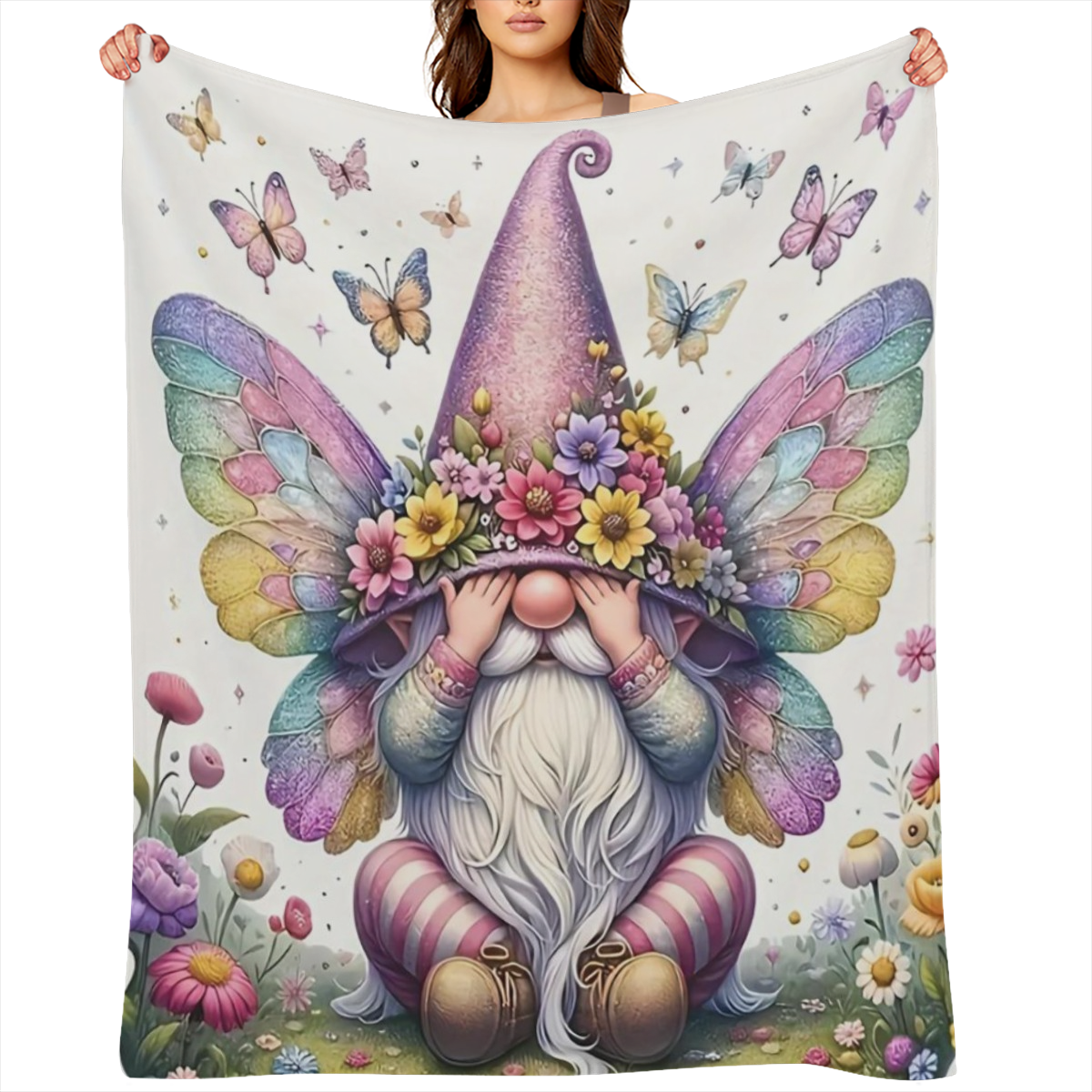 1pc Charming Purple Gnome Elf With Butterfly Cute Fun Print Flannel Blanket, Soft Warm Cozy Skin- friendly Machine Washable Blanket For Sofa Bed Car Camping Office Home Decor, Multipurpose Gift Blanke