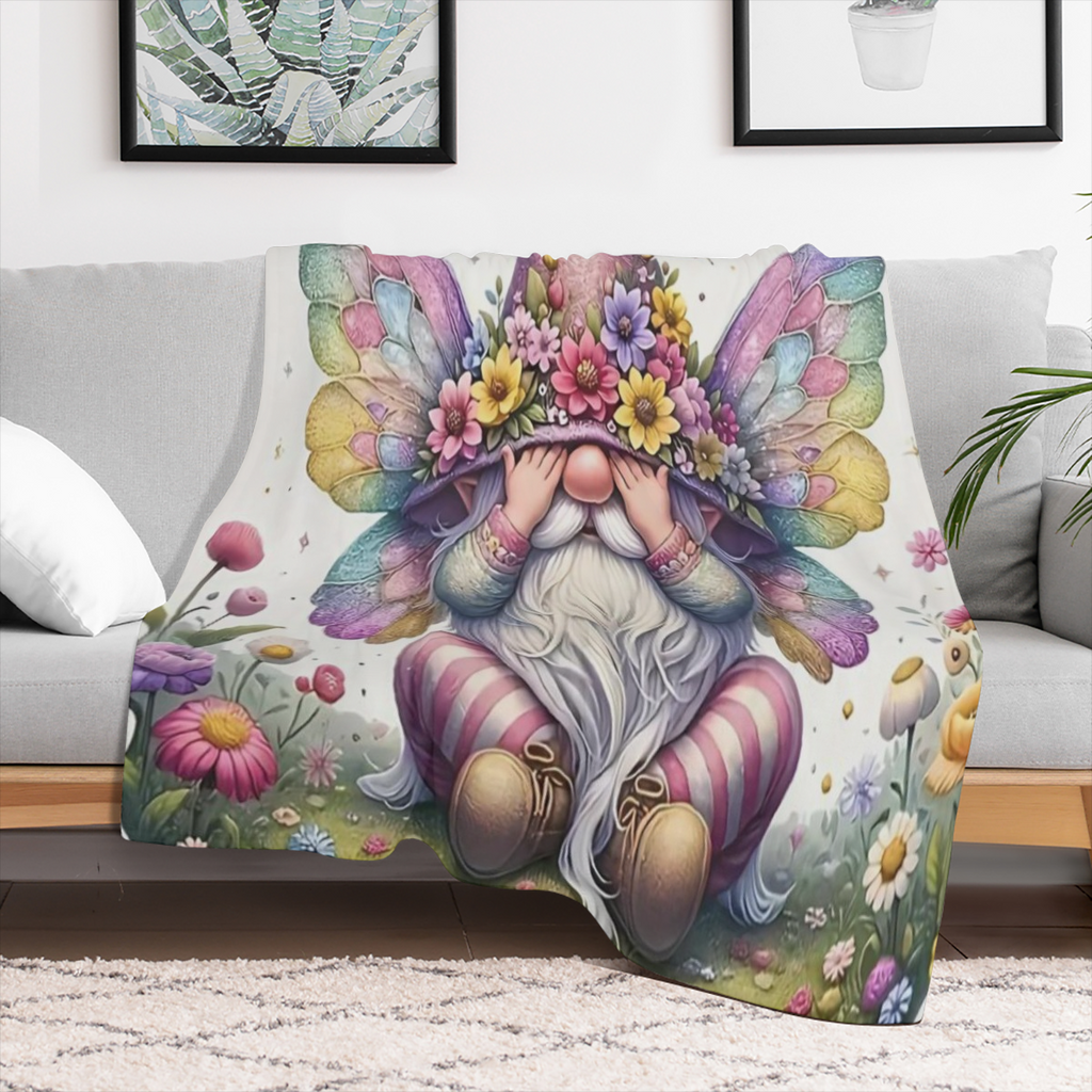 1pc Charming Purple Gnome Elf With Butterfly Cute Fun Print Flannel Blanket, Soft Warm Cozy Skin- friendly Machine Washable Blanket For Sofa Bed Car Camping Office Home Decor, Multipurpose Gift Blanke