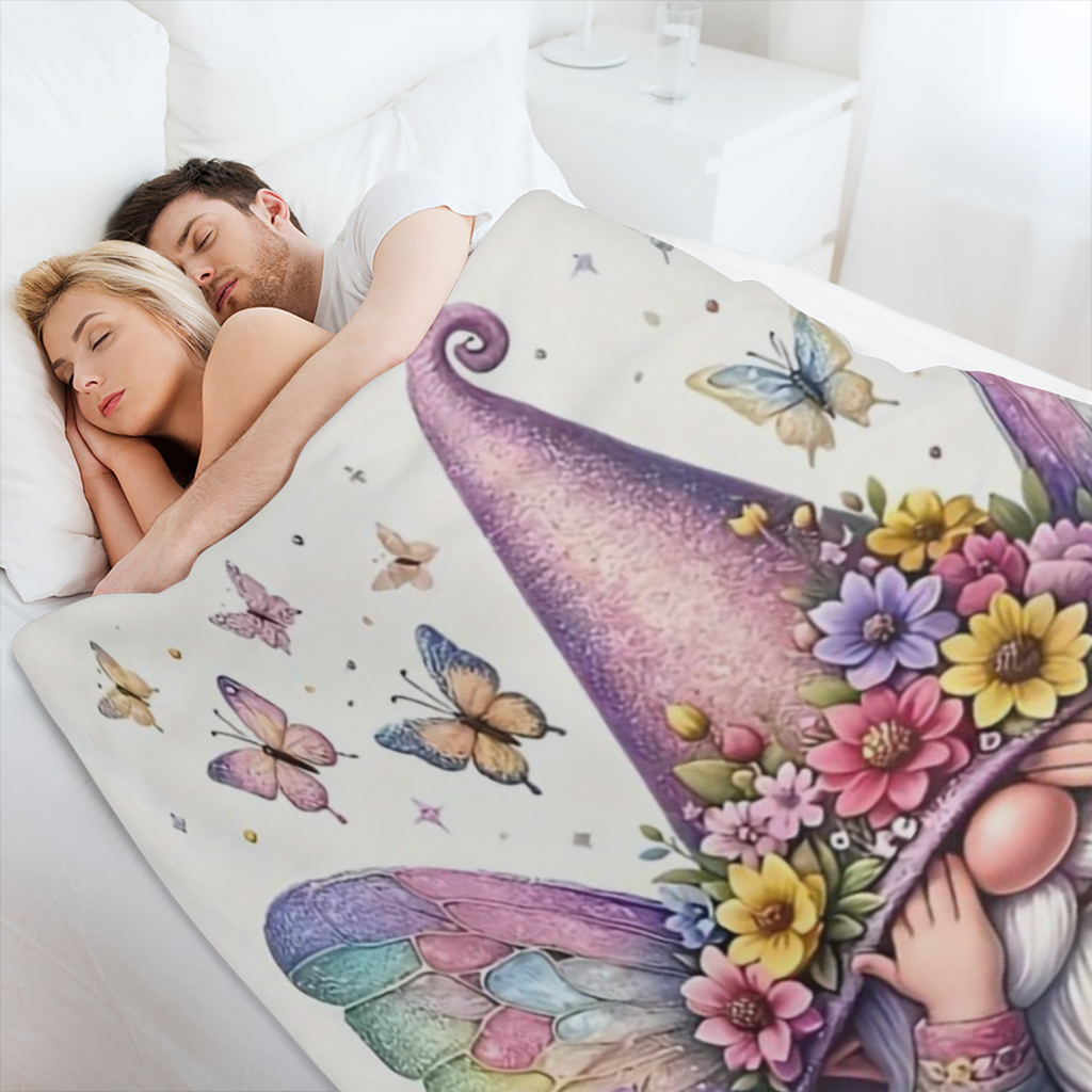 1pc Charming Purple Gnome Elf With Butterfly Cute Fun Print Flannel Blanket, Soft Warm Cozy Skin- friendly Machine Washable Blanket For Sofa Bed Car Camping Office Home Decor, Multipurpose Gift Blanke