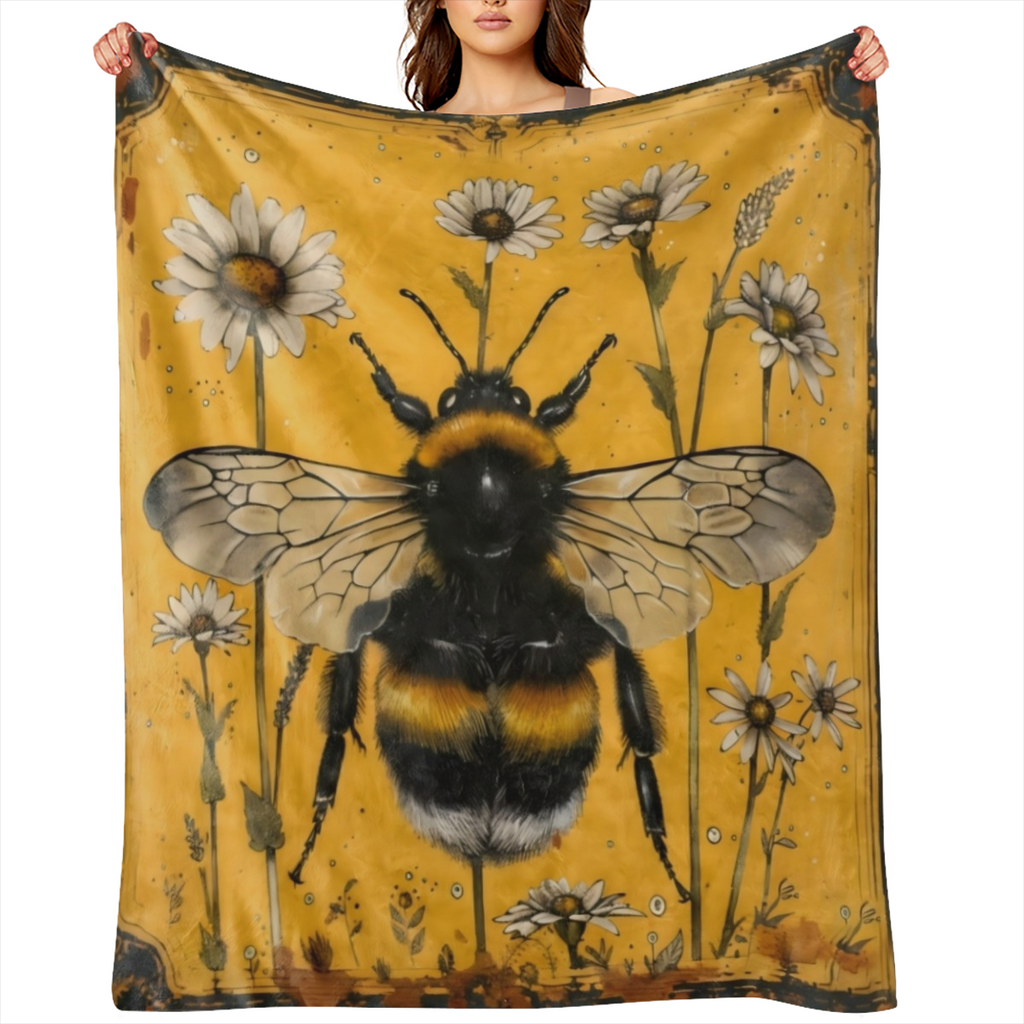An antique bee and Daisy printed flannelette blanket for comfort, softness and warmth for sofas, beds, offices, camping, travel - all season digital printed polyester fabric,