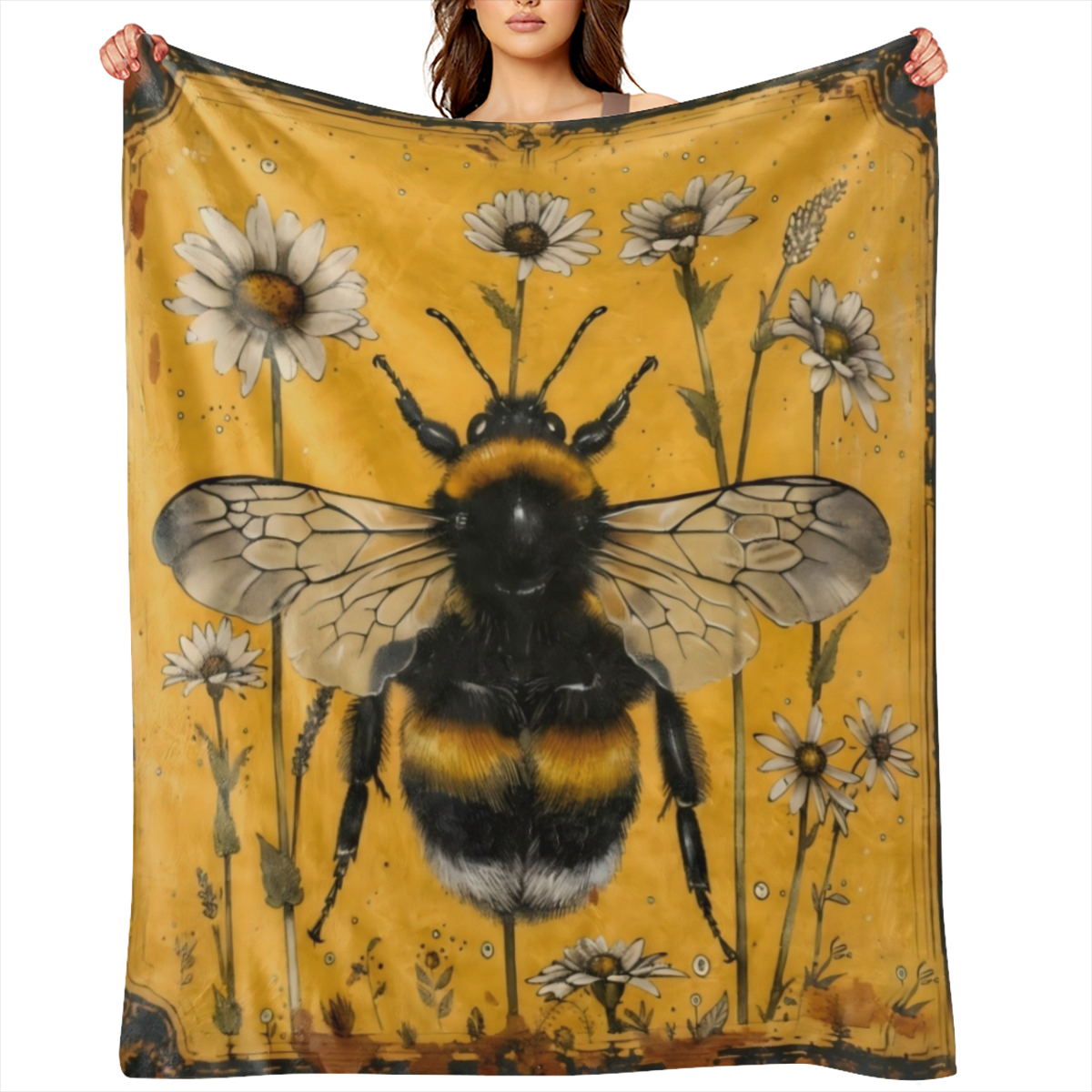 An antique bee and Daisy printed flannelette blanket for comfort, softness and warmth for sofas, beds, offices, camping, travel - all season digital printed polyester fabric,