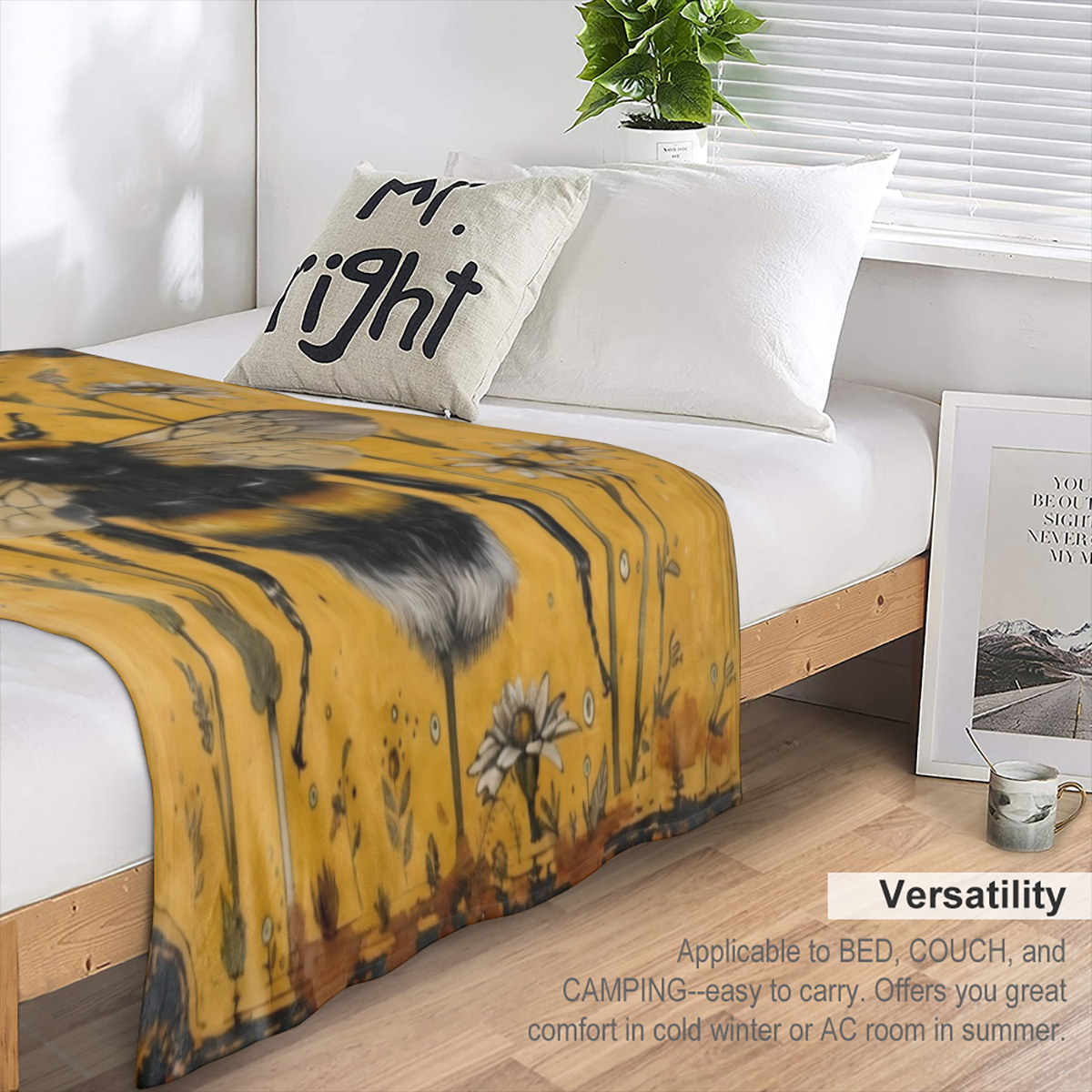 An antique bee and Daisy printed flannelette blanket for comfort, softness and warmth for sofas, beds, offices, camping, travel - all season digital printed polyester fabric,
