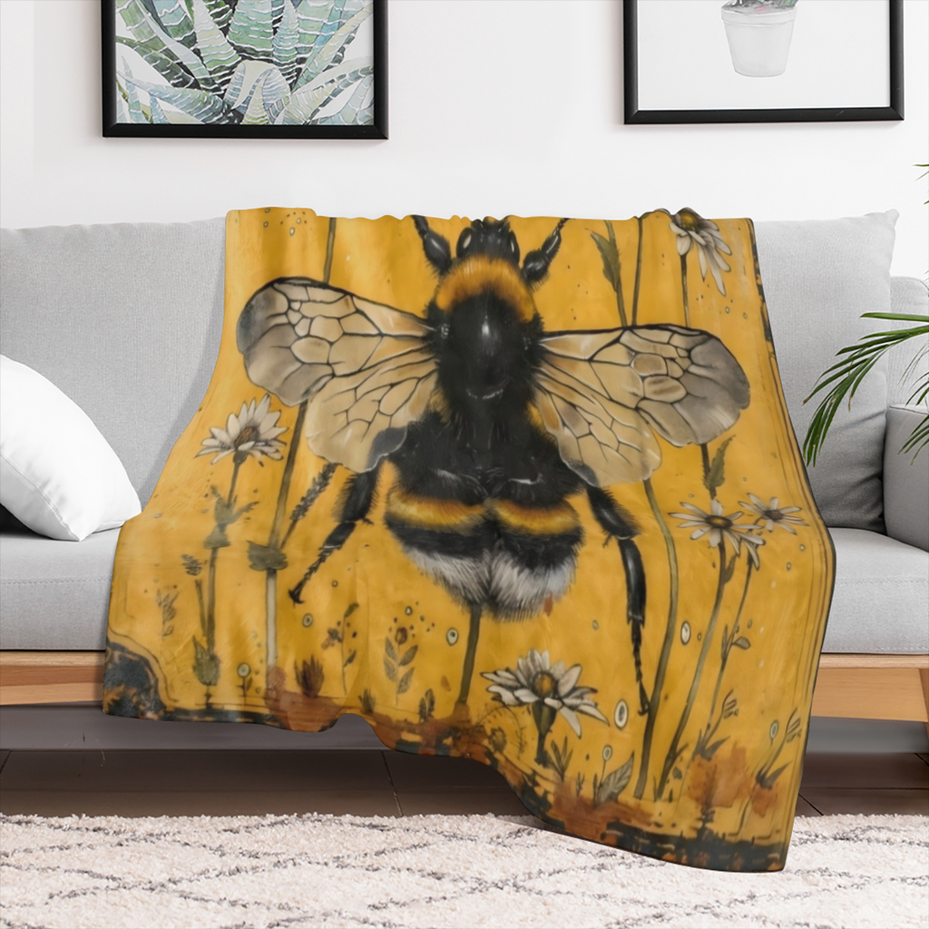 An antique bee and Daisy printed flannelette blanket for comfort, softness and warmth for sofas, beds, offices, camping, travel - all season digital printed polyester fabric,
