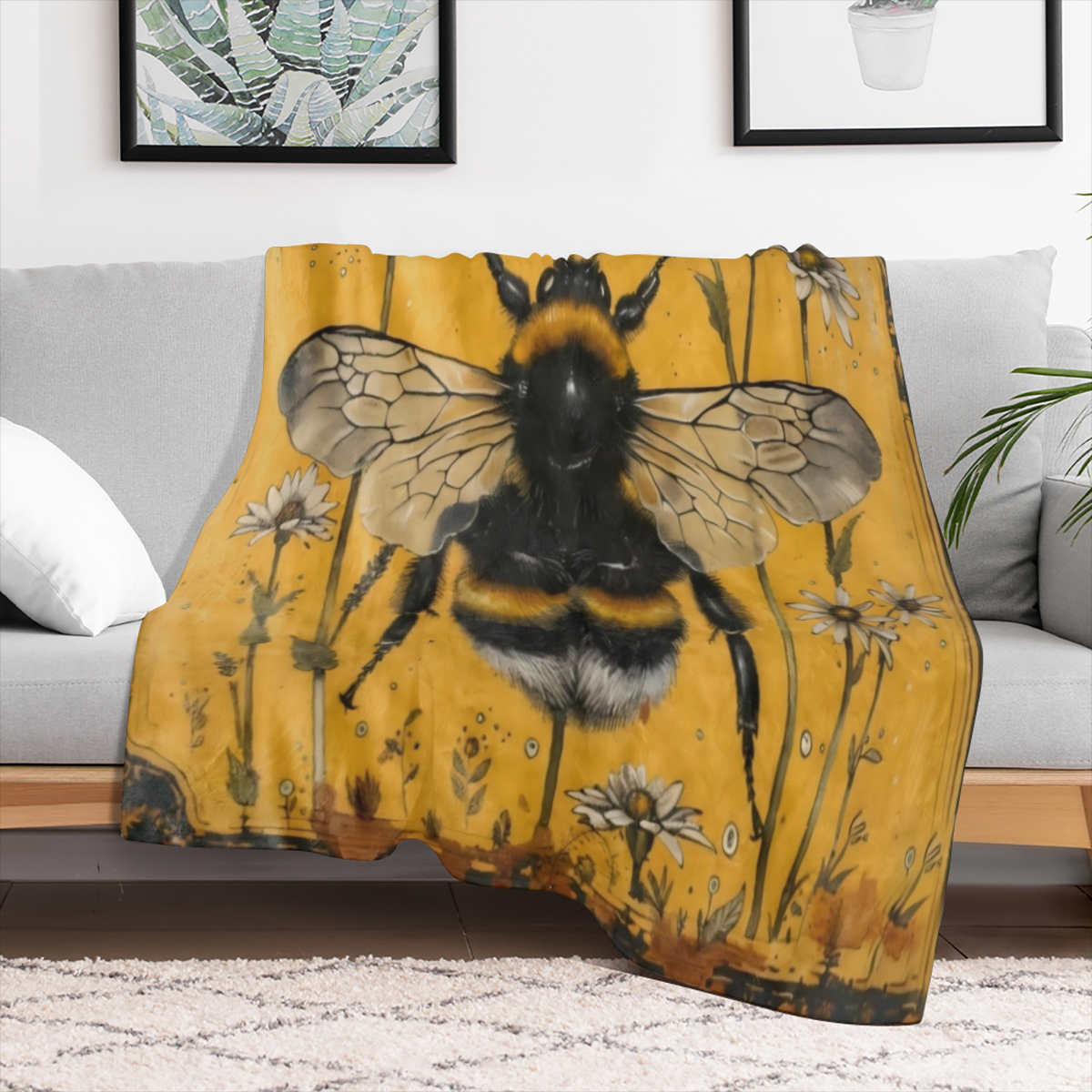 An antique bee and Daisy printed flannelette blanket for comfort, softness and warmth for sofas, beds, offices, camping, travel - all season digital printed polyester fabric,