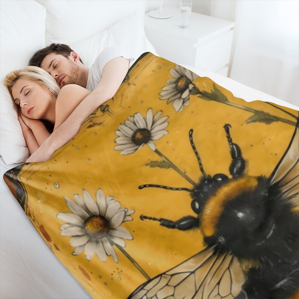 An antique bee and Daisy printed flannelette blanket for comfort, softness and warmth for sofas, beds, offices, camping, travel - all season digital printed polyester fabric,