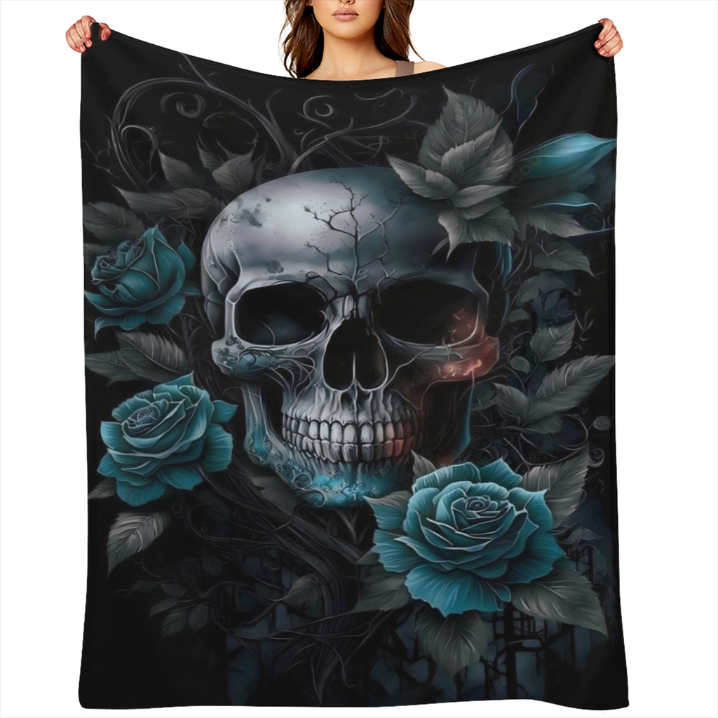 Gothic Skull and Rose Flannel Throw Blanket - Navy Black and Red Design Machine Washable Soft and Comfortable Suitable for Travel Camping Home Office Decor All Season Comfort Perfect Gift for Boys Gir