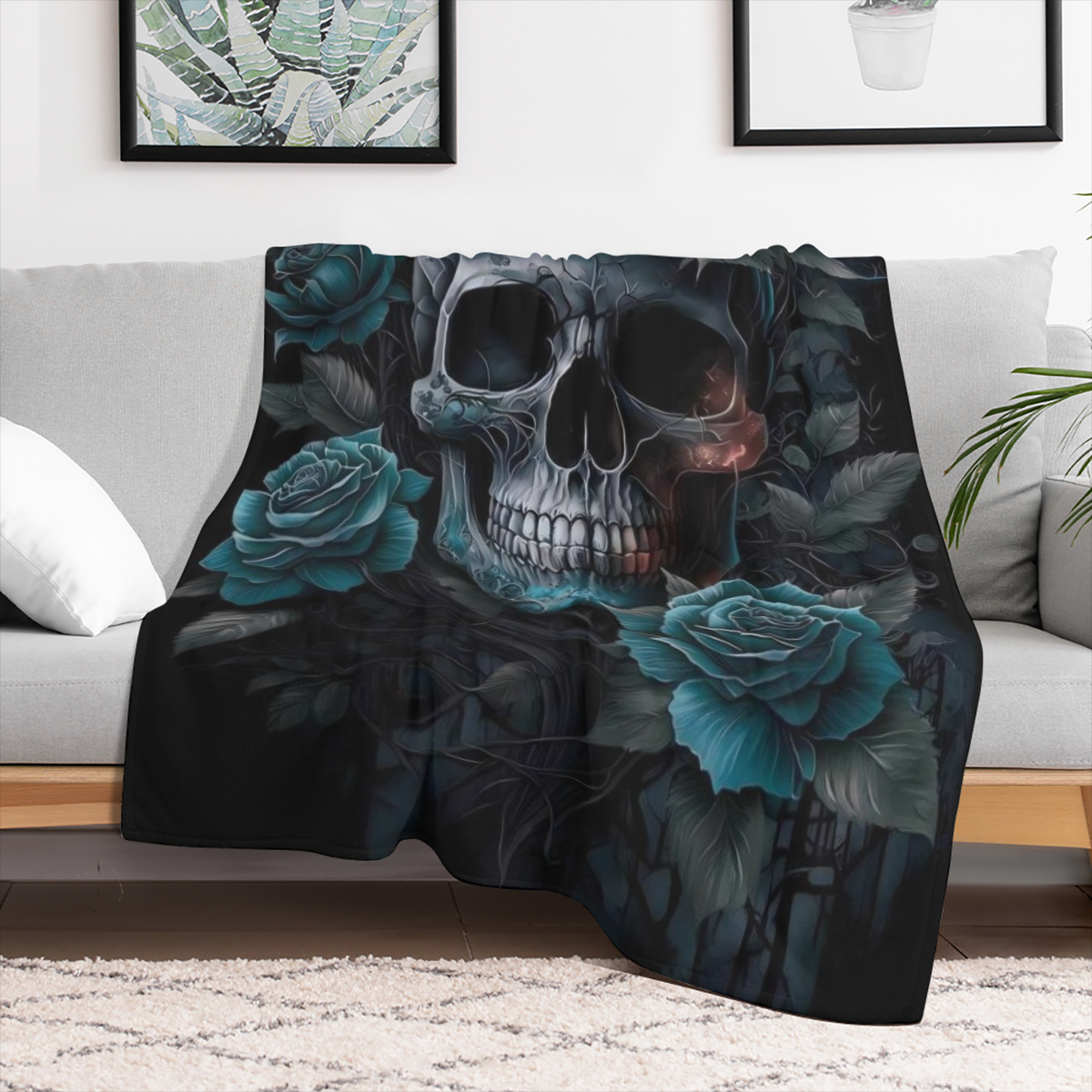 Gothic Skull and Rose Flannel Throw Blanket - Navy Black and Red Design Machine Washable Soft and Comfortable Suitable for Travel Camping Home Office Decor All Season Comfort Perfect Gift for Boys Gir