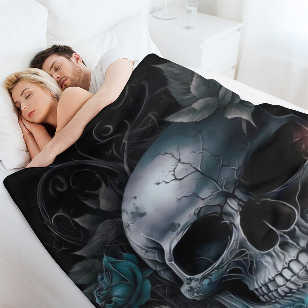 Gothic Skull and Rose Flannel Throw Blanket - Navy Black and Red Design Machine Washable Soft and Comfortable Suitable for Travel Camping Home Office Decor All Season Comfort Perfect Gift for Boys Gir