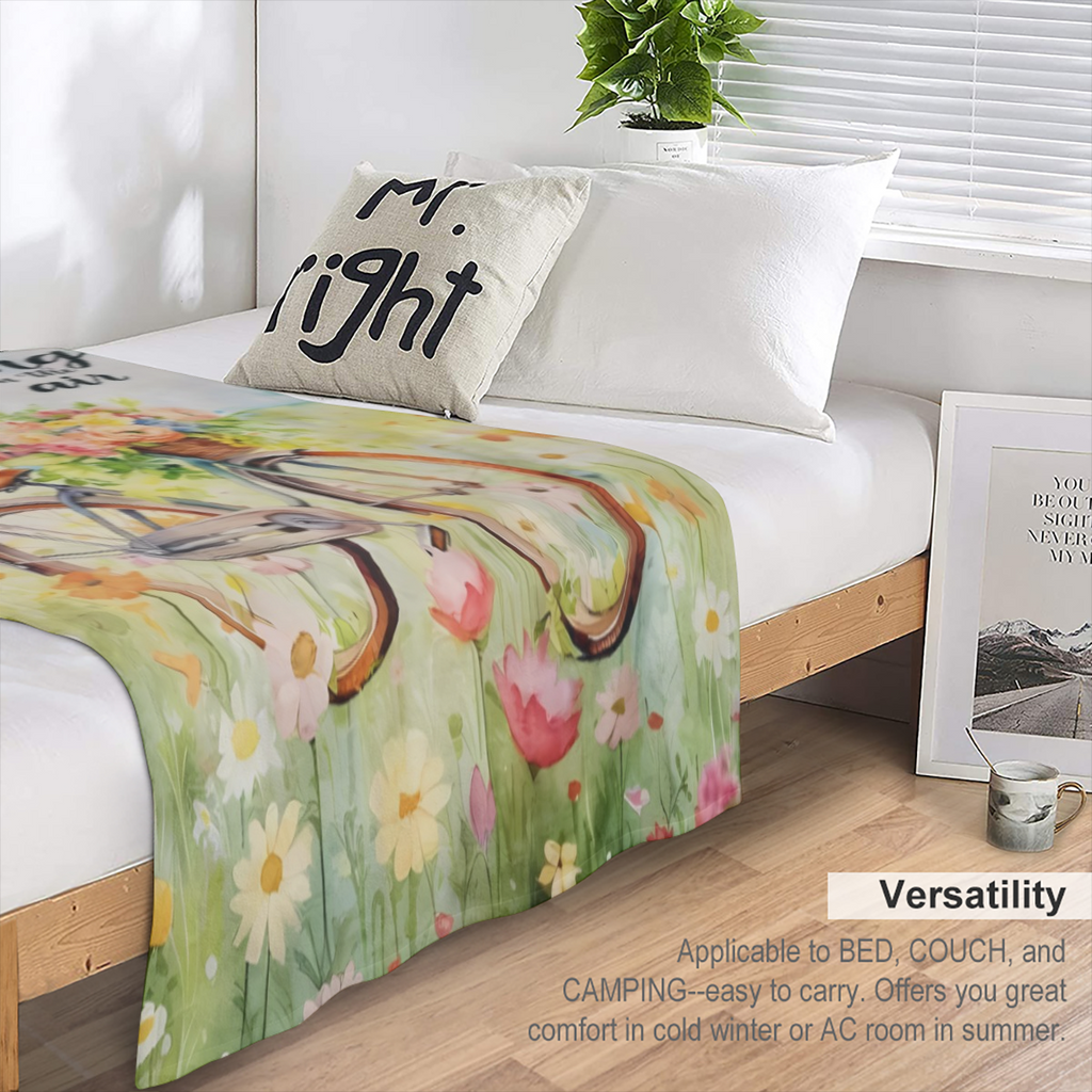 Soft & Lightweight Flannel Spring Floral Throw Blanket with Vibrant Tulip and Daisy Design, Rustic Wooden Board & Vintage Bicycle Print - Perfect for Sofa, Mother's Day & Father's Day Gifts