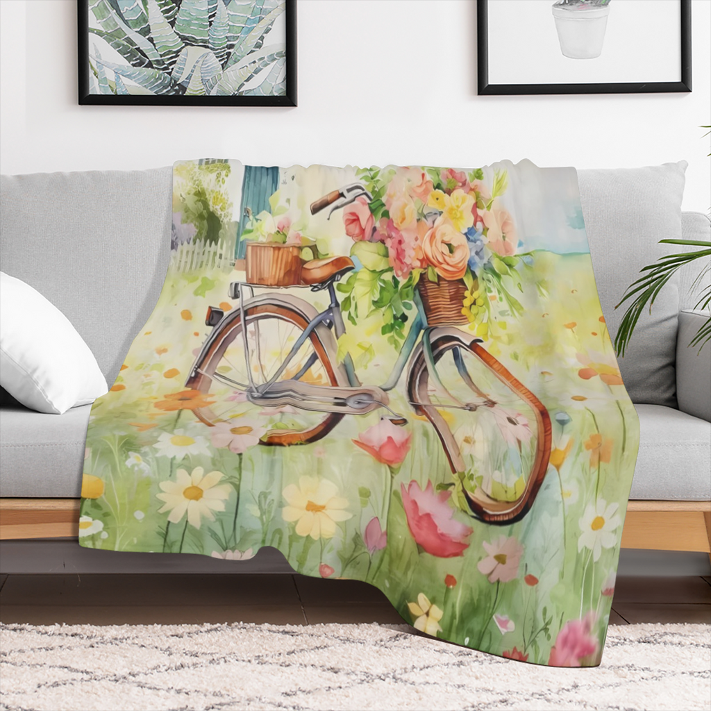 Soft & Lightweight Flannel Spring Floral Throw Blanket with Vibrant Tulip and Daisy Design, Rustic Wooden Board & Vintage Bicycle Print - Perfect for Sofa, Mother's Day & Father's Day Gifts