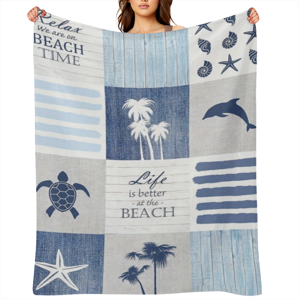1pc Seaside Beach Theme Chunky Knit Polyester Blanket - Hand Washable, Tear Resistant Applique Embellishment, All Seasons Versatile for Sofa, Travel, Camping - Soft Lightweight Knit Fabric Bedding