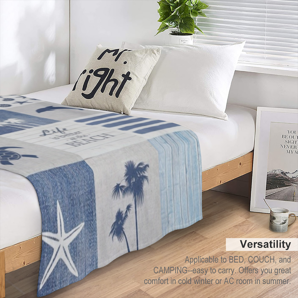 1pc Seaside Beach Theme Chunky Knit Polyester Blanket - Hand Washable, Tear Resistant Applique Embellishment, All Seasons Versatile for Sofa, Travel, Camping - Soft Lightweight Knit Fabric Bedding