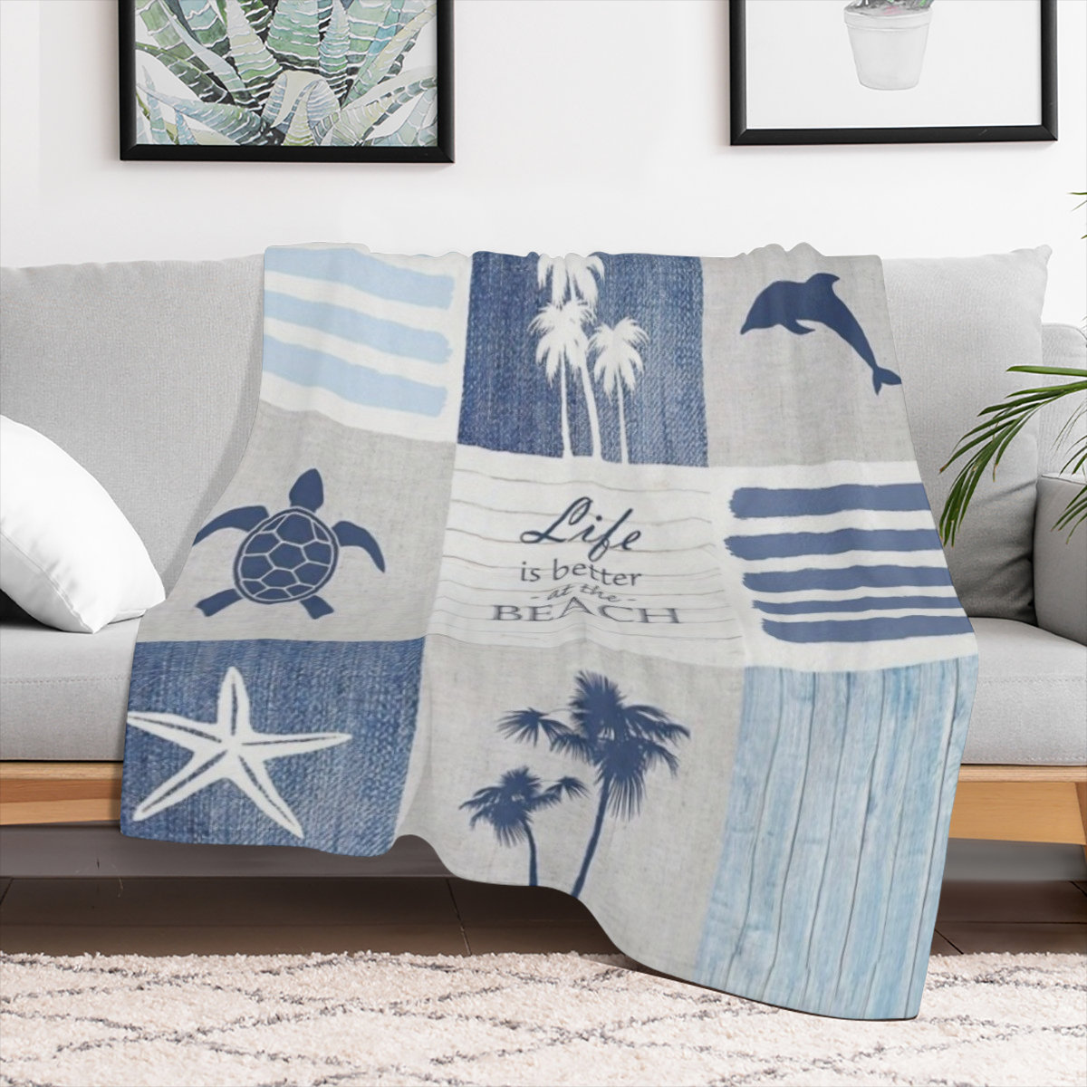 1pc Seaside Beach Theme Chunky Knit Polyester Blanket - Hand Washable, Tear Resistant Applique Embellishment, All Seasons Versatile for Sofa, Travel, Camping - Soft Lightweight Knit Fabric Bedding