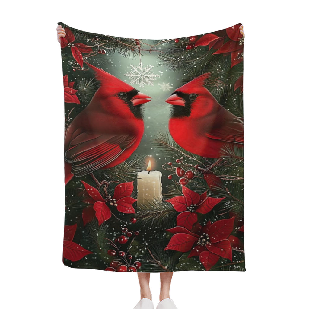 [Cozy Winter Throw Blanket] Ultra-Fuzzy Heavyweight 280gsm Crimson Cardinal Winter Throw Blanket - Plannel-like Softness, All-Season Couch Sofa Bedspread - Red Cardinals & Poinsettias Snowflakes Dark