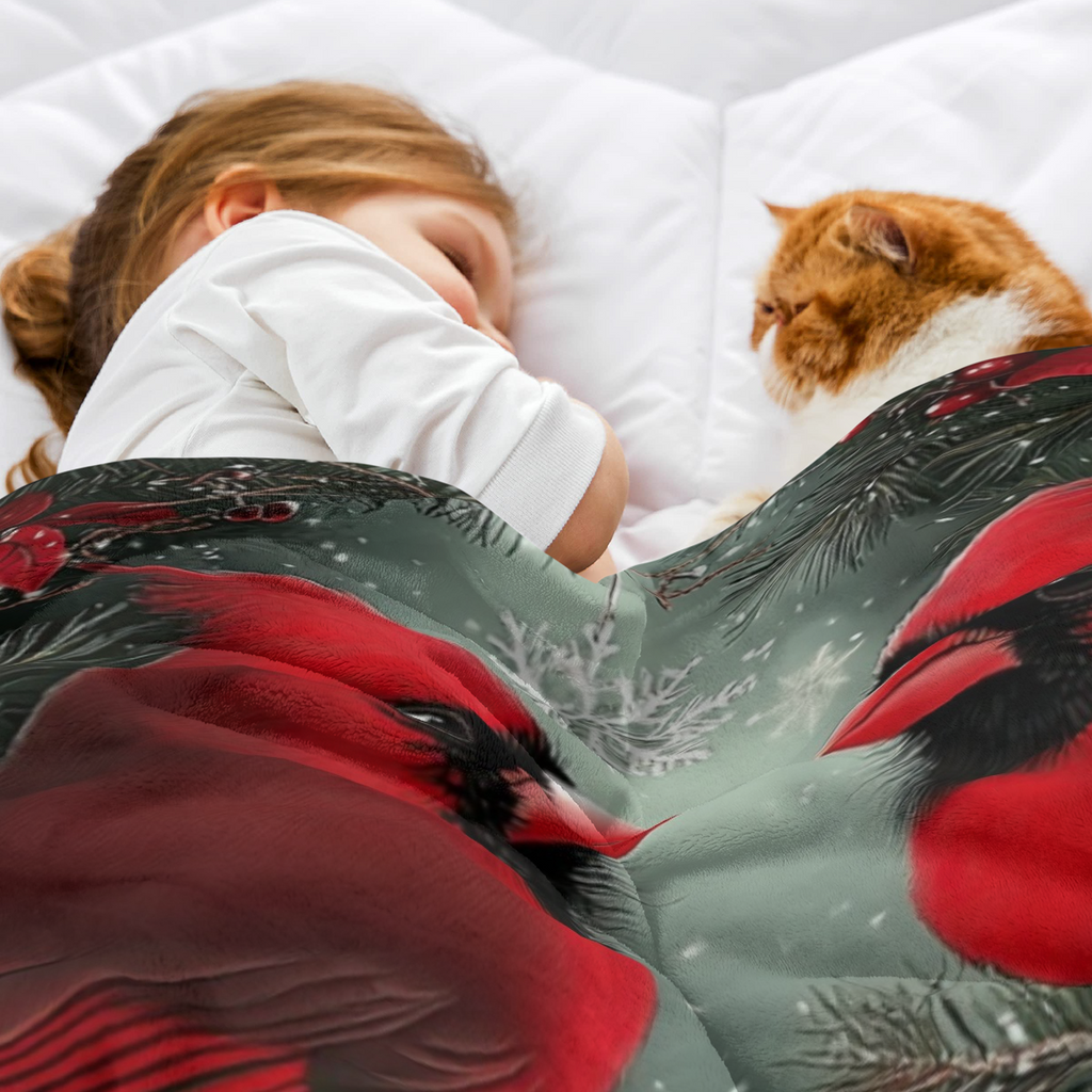 [Cozy Winter Throw Blanket] Ultra-Fuzzy Heavyweight 280gsm Crimson Cardinal Winter Throw Blanket - Plannel-like Softness, All-Season Couch Sofa Bedspread - Red Cardinals & Poinsettias Snowflakes Dark