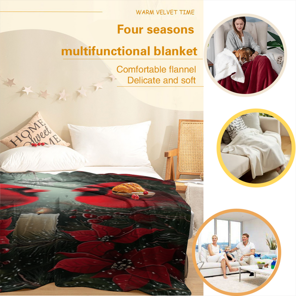 [Cozy Winter Throw Blanket] Ultra-Fuzzy Heavyweight 280gsm Crimson Cardinal Winter Throw Blanket - Plannel-like Softness, All-Season Couch Sofa Bedspread - Red Cardinals & Poinsettias Snowflakes Dark