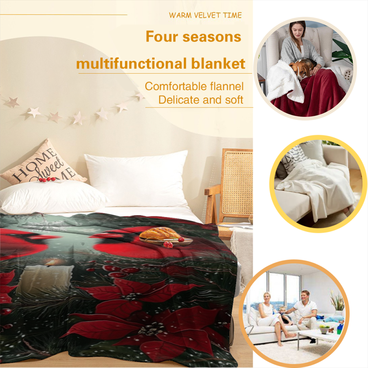 [Cozy Winter Throw Blanket] Ultra-Fuzzy Heavyweight 280gsm Crimson Cardinal Winter Throw Blanket - Plannel-like Softness, All-Season Couch Sofa Bedspread - Red Cardinals & Poinsettias Snowflakes Dark