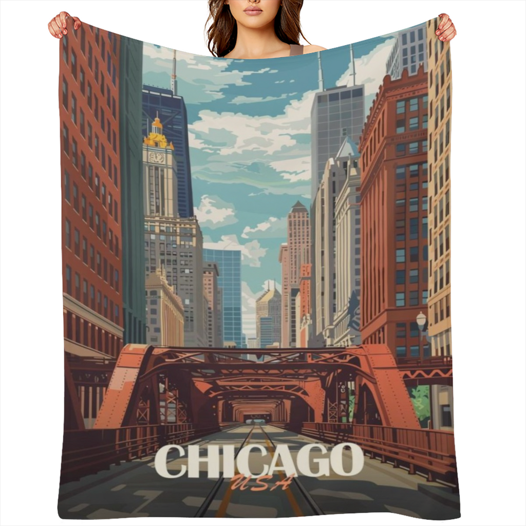 Chicago Cityscape Poster B6696151 Flannel Fleece Throw Blanket - Soft, Breathable & Absorbent Digital Print Contemporary Style for Living Room, Bedroom, Camping & Travel